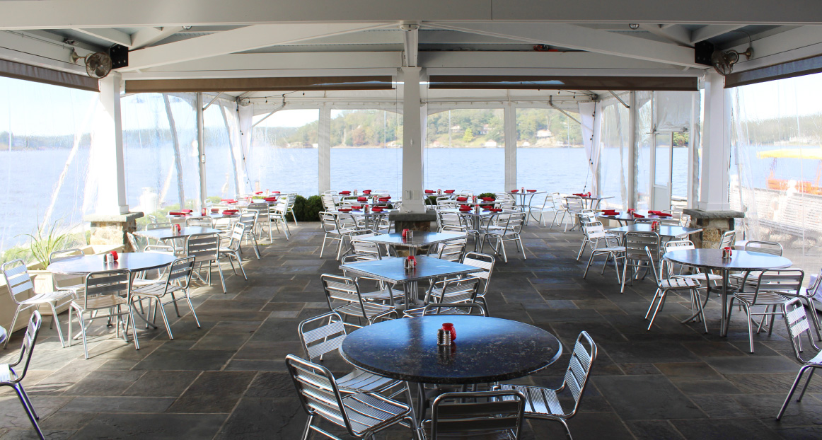 The outdoor patio seating at the Windlass restaurant.